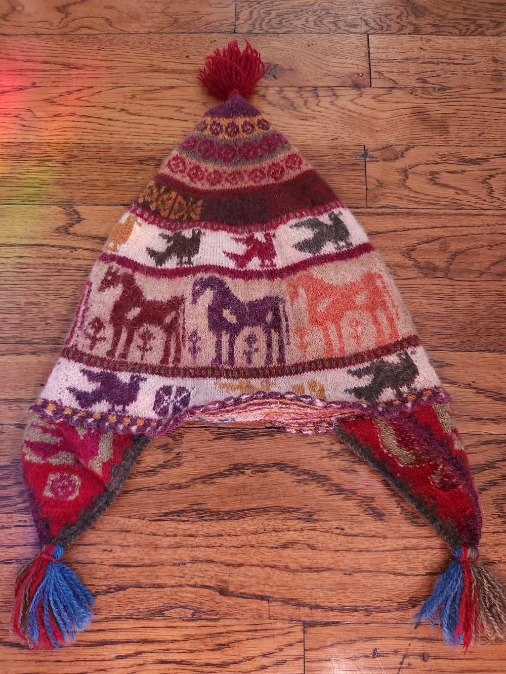Peruvian Chullo Hat Hand Knit Alpaca Wool Animal Pattern Earflap Tassel Boho